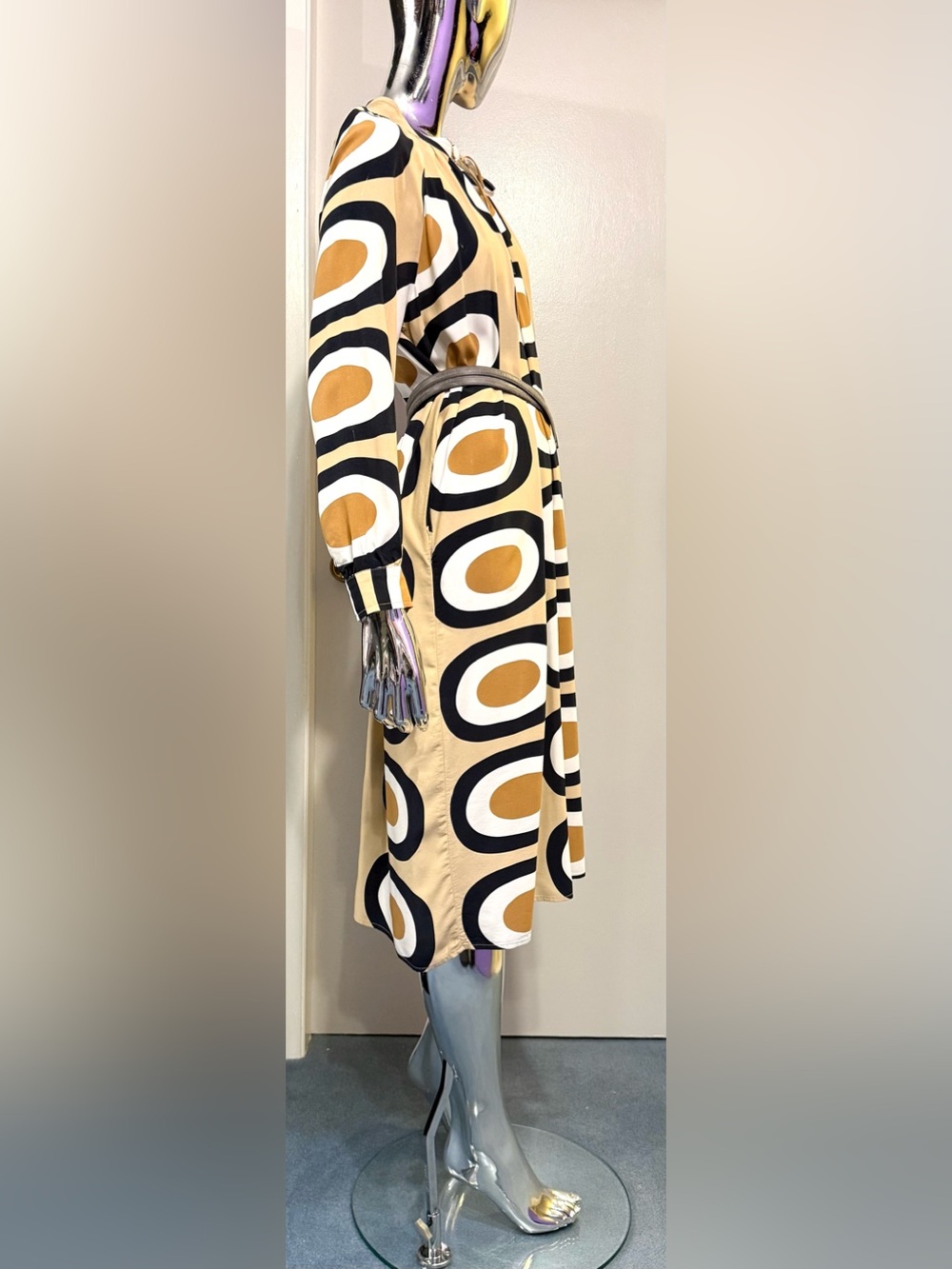 Marimekko Beige, White, Black, Caramel Geometric BOHO Long Sleeve Midi Dress - Picture 5 of 7
